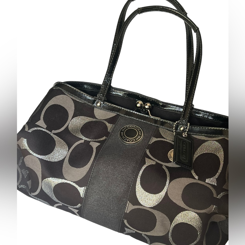 Authentic Coach Black Signature Canvas Kiss Me Lock Satchel Bag Purse